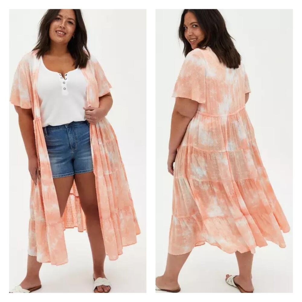 Torrid Peach Tie-Dye Short Sleeve Clip Dot Kimono